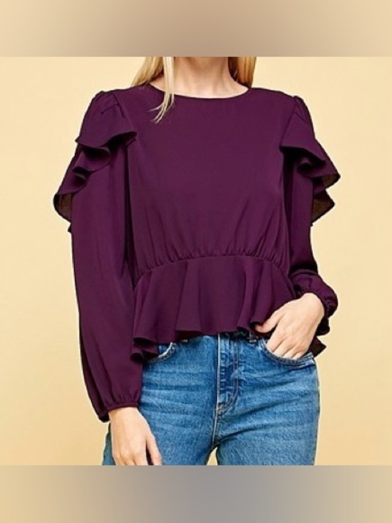 Tops - Eggplant Ruffle Detail Peplum Blouse